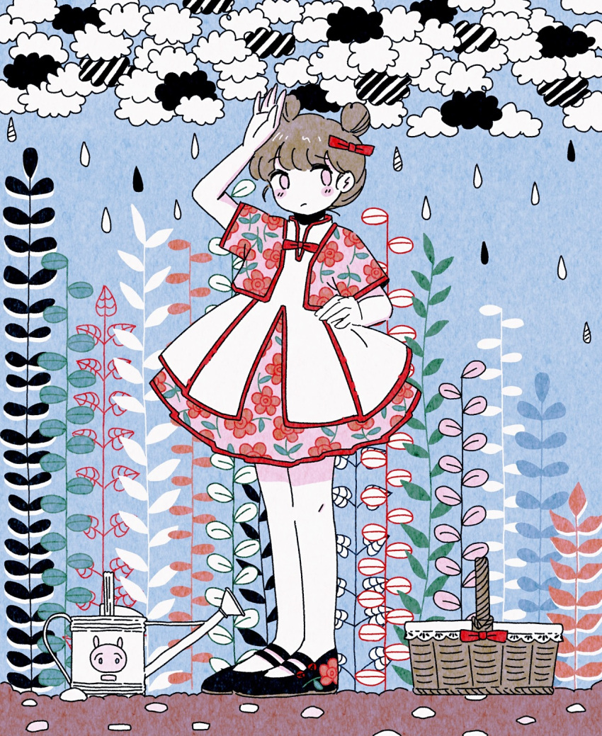 1girl bangs black_cloud black_footwear blue_background bow brown_hair clouds double_bun dress floral_print flower full_body hair_bow hand_on_hip highres no_nose noeru_(noellemonade) original outdoors patterned_clothing plant print_dress rain red_bow red_flower solo standing striped watering_can white_skin