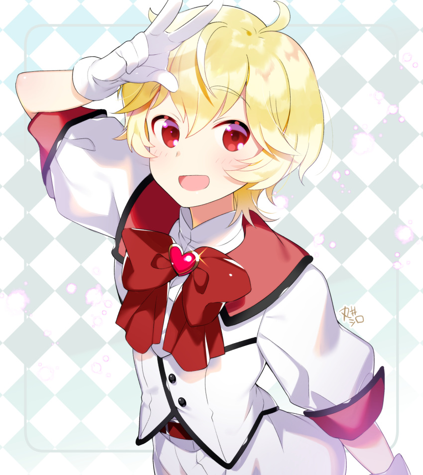 1boy akemaru argyle argyle_background bangs binan_koukou_chikyuu_bouei-bu_love! blonde_hair blush bow eyebrows eyebrows_visible_through_hair gloves hair_between_eyes hakone_yumoto heart highres looking_at_viewer magical_boy male_focus open_mouth red_eyes salute smile solo two-finger_salute white_gloves