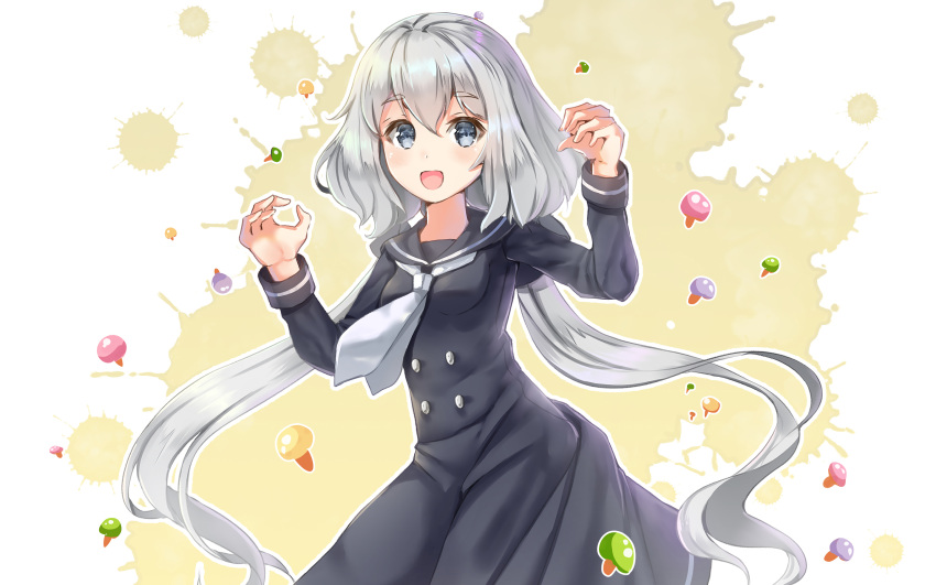 1girl :d arm_up bangs black_dress black_sailor_collar blue_eyes blush breasts commentary_request dress eyebrows_visible_through_hair grey_neckwear hair_between_eyes hand_up highres holmemee konno_junko long_hair long_sleeves looking_at_viewer low_twintails mushroom neckerchief open_mouth sailor_collar sailor_dress silver_hair small_breasts smile solo twintails very_long_hair zombie_land_saga