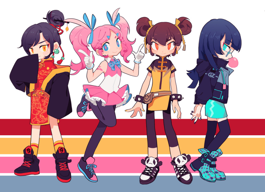 4girls ankle_boots annotated aqua_eyes arms_behind_back bangs black_hair black_legwear blue_eyes blue_hair boots borrowed_character bracelet brown_hair bubble_blowing chengou_hunters chewing_gum china_dress chinese_clothes commentary double_bun dress english_commentary eyebrows_visible_through_hair fang finger_gun flat_chest full_body glasses gloves guangzhou_charge hair_bun hair_ribbon hangzhou_spark hime_cut idol jacket jewelry leggings long_hair multiple_girls ojou-sama_pose orange_eyes orange_legwear overwatch overwatch_league panda pantyhose parted_bangs pink_dress pink_hair red_dress ribbon rye-beer shanghai_dragons shoes short_hair sleeves_past_wrists sneakers socks spiked_bracelet spikes swept_bangs thigh-highs twintails white_gloves wide_sleeves yellow_eyes zettai_ryouiki