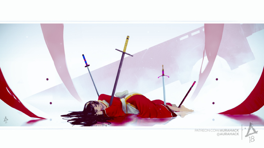 1girl barefoot black_hair blood blood_from_mouth corpse erica_june_lahaie hairband impaled original pool_of_blood robe signature solo watermark web_address