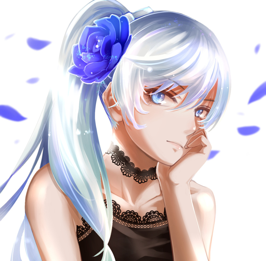 1girl blue_eyes blue_flower blue_rose chin_rest choker collar eyebrows_visible_through_hair flower h-y-d hair_between_eyes hair_flower hair_ornament highres long_hair looking_at_viewer petals rose rwby side_ponytail silver_hair simple_background sleeveless solo upper_body very_long_hair weiss_schnee white_background