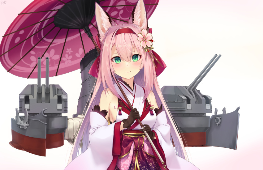 1girl absurdres animal_ears azur_lane bangs bare_shoulders black_gloves blush breasts closed_mouth commentary_request detached_sleeves eyebrows_visible_through_hair flower fox_ears fox_girl gloves green_eyes hair_between_eyes hair_flower hair_ornament hairband hanazuki_(azur_lane) highres holding holding_umbrella japanese_clothes kimono kn2 large_breasts light_smile long_hair looking_at_viewer obi pink_hair print_umbrella red_hairband revision rigging sash sideboob sidelocks simple_background sleeveless sleeveless_kimono solo standing turret umbrella upper_body white_background white_kimono wide_sleeves