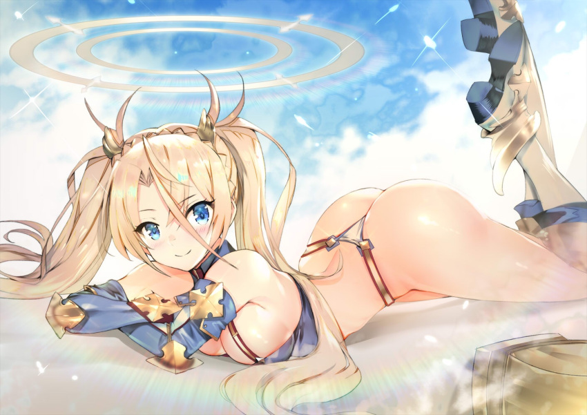 1girl armored_boots ass bangs bare_shoulders blonde_hair blue_bikini_top blue_eyes blue_gloves blue_sky blush boots bradamante_(fate/grand_order) braid breasts cleavage closed_mouth elbow_gloves fate/grand_order fate_(series) feet_up gloves hair_between_eyes hair_ornament halo legs light_particles long_hair looking_at_viewer lying medium_breasts on_stomach sky smile solo teddy_(khanshin) thighs twintails white_bikini_bottom