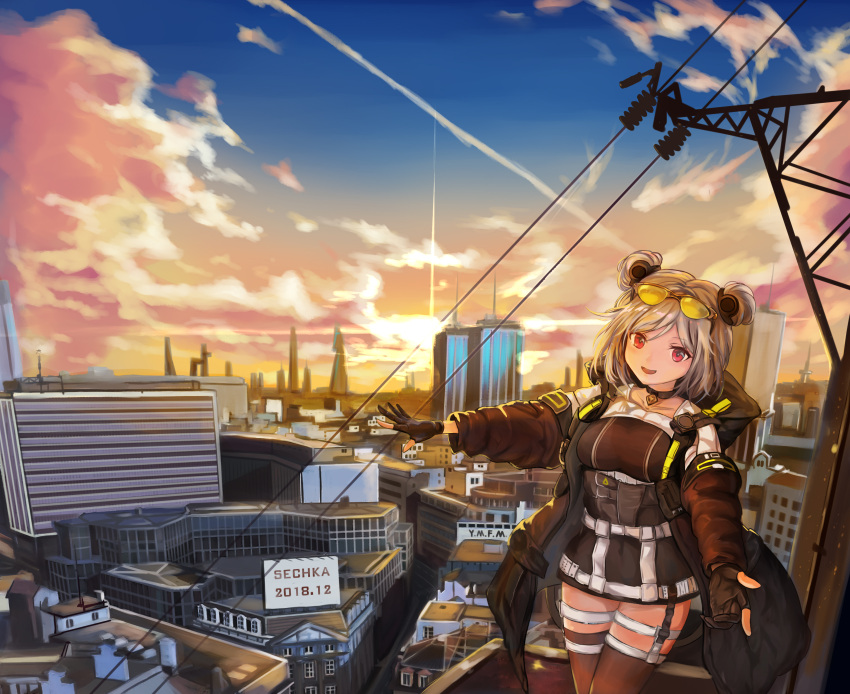 1girl artist_name bangs black_coat black_gloves black_legwear breasts building choker cityscape clouds commentary_request dated double_bun eyewear_on_head girls_frontline gloves hair_ornament highres hood hood_down hooded_coat jacket light_brown_hair looking_at_viewer open_mouth outstretched_arms p90_(girls_frontline) partly_fingerless_gloves power_lines red_eyes sechka short_hair sky smile solo sunglasses sunset thigh-highs thigh_strap tinted_eyewear