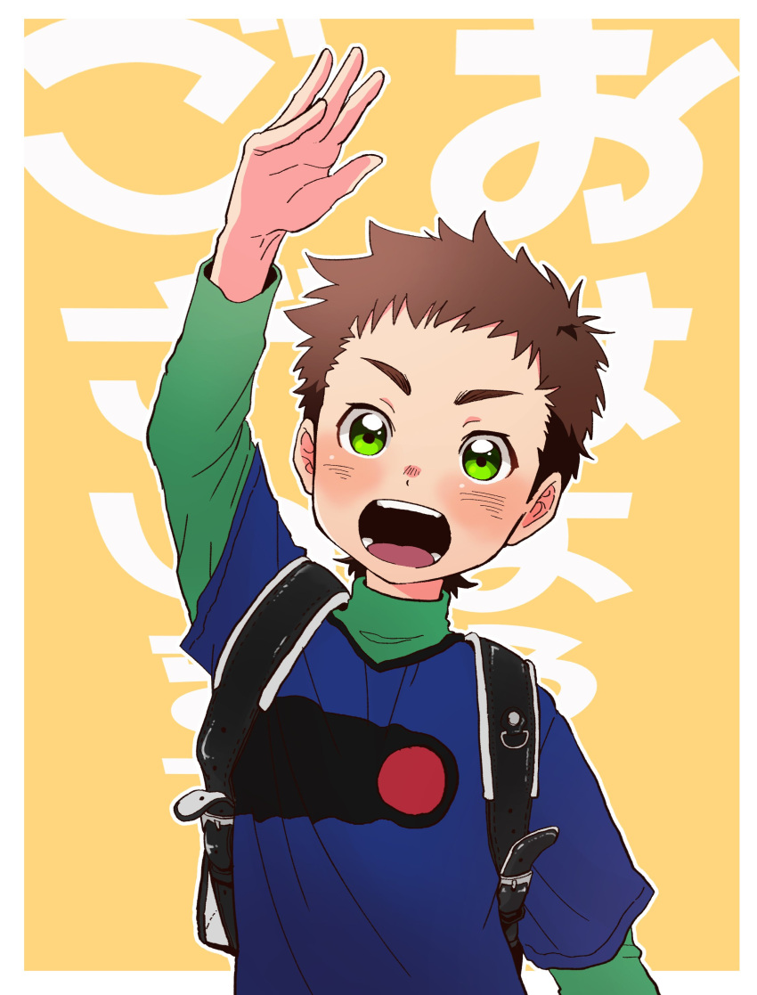 1boy absurdres backpack bag blue_shirt brown_hair commentary_request copyright_request green_eyes green_shirt hand_up highres long_sleeves male_focus open_mouth orange_background shirt short_over_long_sleeves short_sleeves smile solo translated upper_body usuki_(usukine1go)