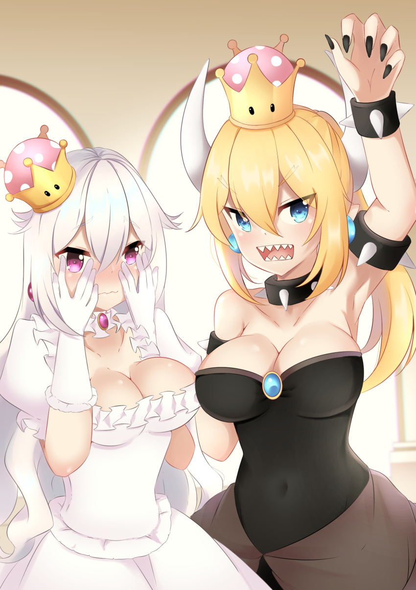 2girls absurdres arm_up armpit black_dress black_nails blonde_hair blue_eyes blush bowsette brooch cleavage covering_face dress earrings highres horns multiple_girls nintendo open_mouth pink_eyes princess_king_boo sharp_teeth shy silver_hair spiked_armlet spiked_bracelet spiked_collar super_crown white_dress yurie02