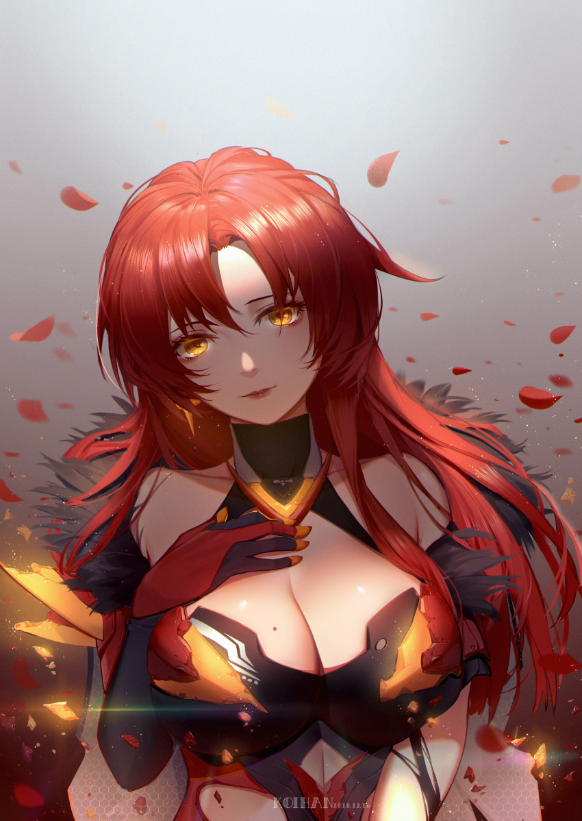 1girl absurdres armor armored_dress artist_name bangs bare_shoulders breasts cape cleavage dress elbow_gloves eyebrows_visible_through_hair feathers gloves head_tilt highres honkai_impact huge_filesize koi_han large_breasts light_particles long_hair looking_at_viewer murata_himeko parted_bangs parted_lips petals redhead solo vermillion_knight yellow_eyes