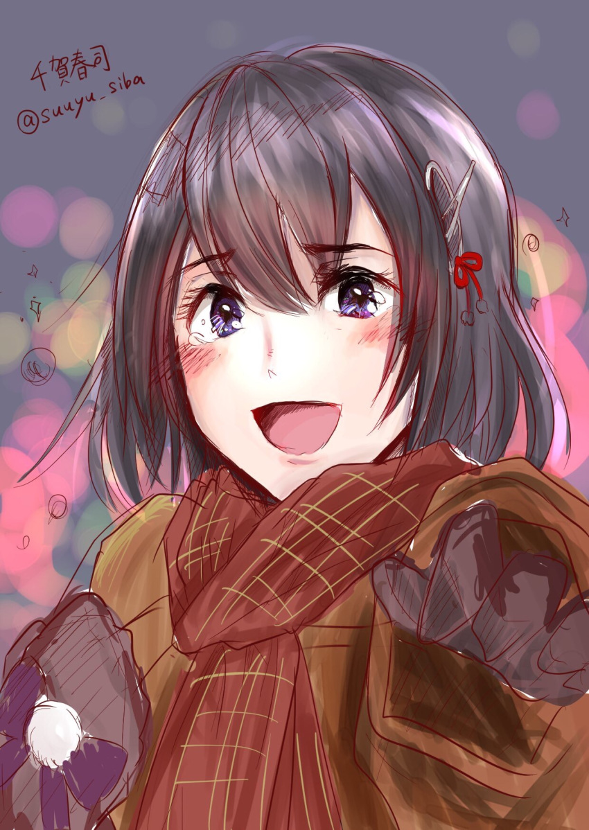 1girl :d alternate_costume artist_name black_gloves black_hair blurry bokeh commentary_request depth_of_field gloves haguro_(kantai_collection) hair_ornament hairclip happy_tears highres kantai_collection open_mouth red_scarf scarf short_hair smile solo suuyu_siba tears traditional_media twitter_username violet_eyes