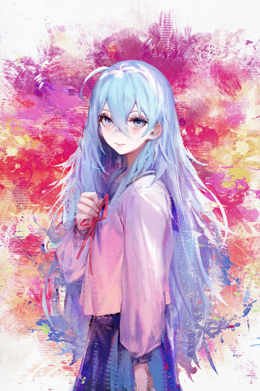 1girl abstract_background absurdres blue_eyes blue_hair blue_sailor_collar blue_skirt blush hair_between_eyes hand_up highres huge_filesize long_hair long_sleeves looking_at_viewer red_neckwear red_ribbon ribbon rsef sailor_collar shirt skirt solo upper_body very_long_hair vivy vivy:_fluorite_eye's_song white_shirt