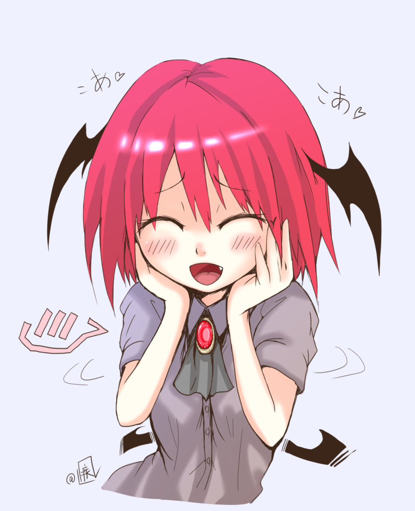 1girl ascot black_neckwear black_wings blush brooch closed_eyes commentary_request cropped_torso demon_wings fang grey_background hands_on_own_cheeks hands_on_own_face happy hayate-s head_wings heart highres jewelry koakuma open_mouth redhead short_hair short_sleeves simple_background smile solo touhou upper_body wings