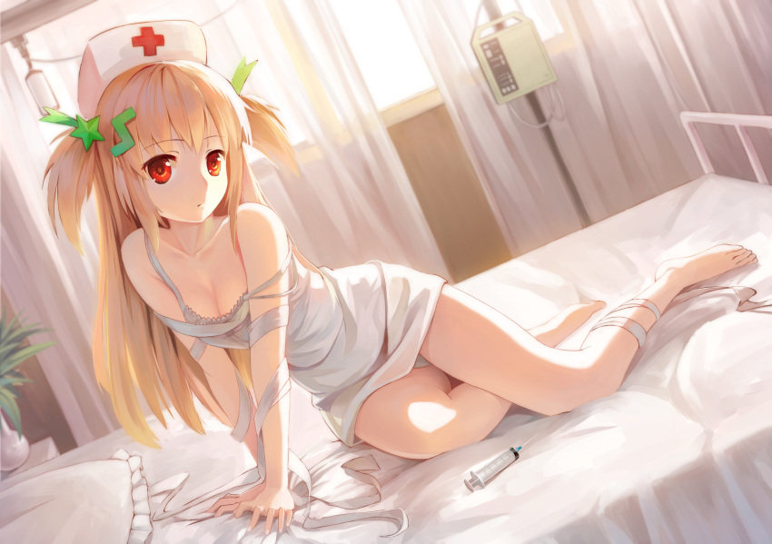 1girl bandage bandaged_leg bandages bare_legs barefoot bed bra breasts cleavage clinic collarbone dress dutch_angle entangled hair_ornament hat highres indoors light_brown_hair long_hair long_legs looking_at_viewer nurse nurse_cap off_shoulder on_bed original panties pantyshot pantyshot_(sitting) pillow red_eyes short_dress sitting small_breasts solo strap_slip syringe two_side_up underwear very_long_hair white_bra white_dress white_panties xiaoyin_li