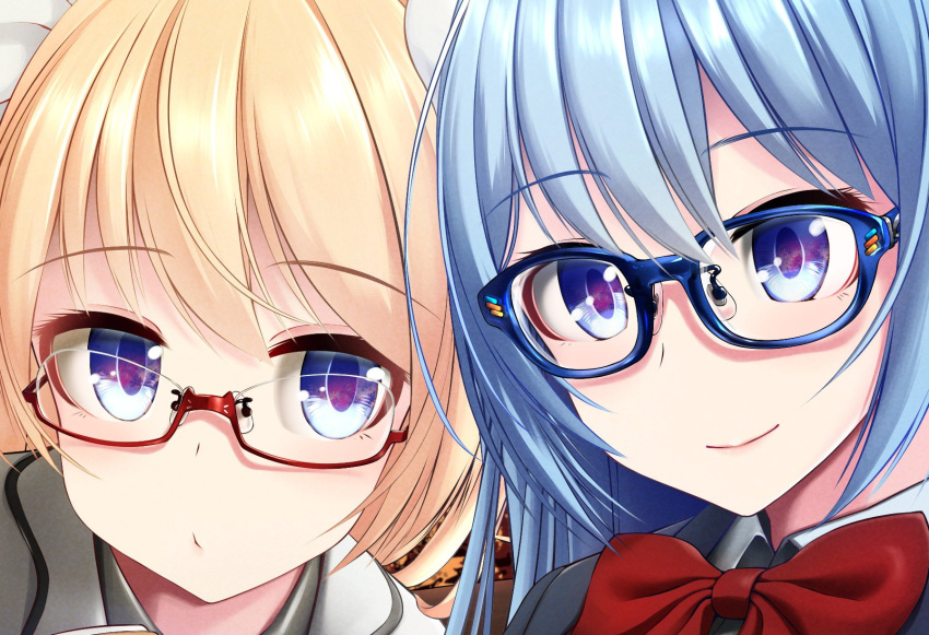 2girls bangs blonde_hair blue-framed_eyewear blue_hair bow bowtie close-up closed_mouth collared_shirt commentary_request eyebrows_visible_through_hair eyes hair_bow highres looking_at_viewer multiple_girls nekobaka original red-framed_eyewear red_neckwear school_uniform semi-rimless_eyewear shirt smile under-rim_eyewear violet_eyes white_bow wing_collar