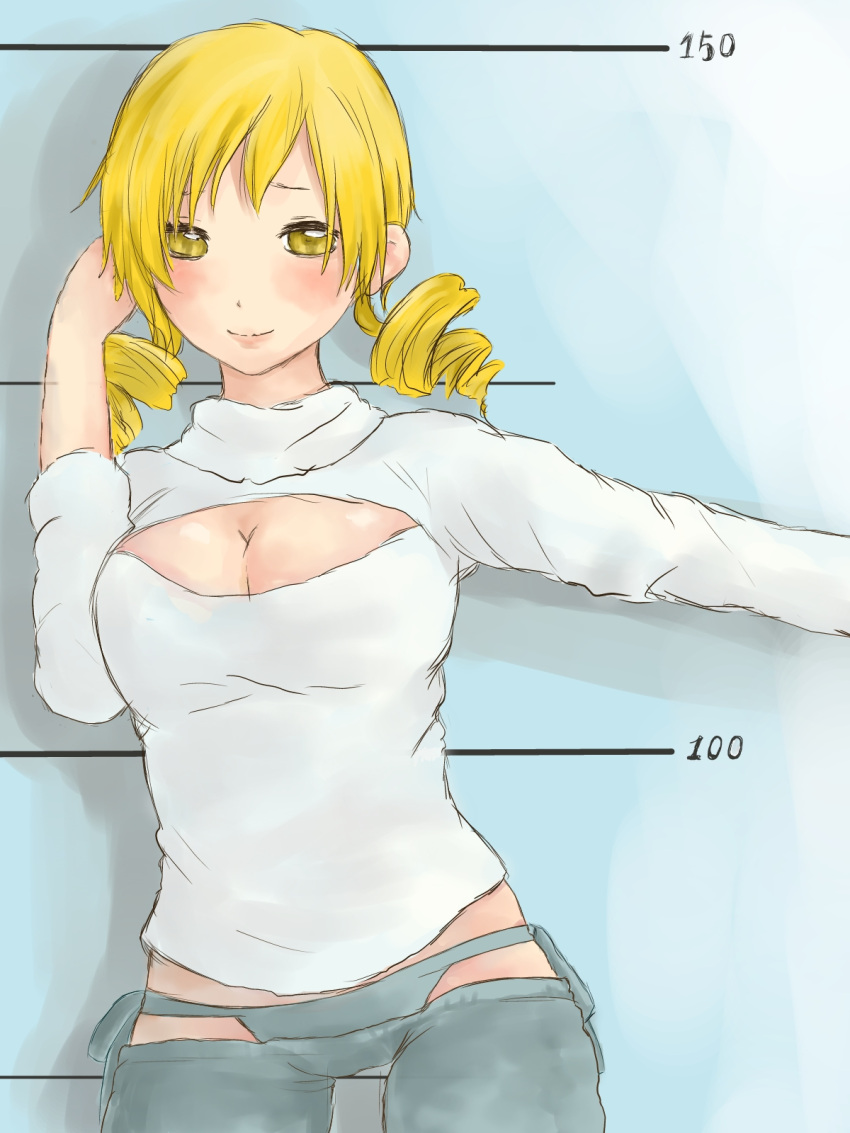 1girl bikini_jeans blonde_hair blush breasts cleavage cleavage_cutout denim drill_hair fumo_(hetarialovedesu) height_rod highres jeans long_hair lowleg lowleg_pants mahou_shoujo_madoka_magica medium_breasts medium_hair meme_attire open-chest_sweater pants sketch solo sweater tomoe_mami turtleneck turtleneck_sweater twin_drills yellow_eyes