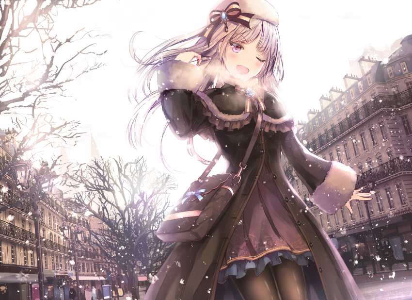 1girl ;d bag bangs bare_tree beret blush bow brown_bow brown_coat brown_dress brown_legwear building coat commentary_request day dress eyebrows_visible_through_hair fur-trimmed_sleeves fur_trim hand_up hat hat_bow head_tilt highres long_hair long_sleeves missile228 one_eye_closed open_mouth original outdoors pantyhose parted_lips pleated_skirt shoulder_bag silver_hair skirt smile snow solo_focus striped striped_bow tree v-shaped_eyebrows very_long_hair violet_eyes white_hat wide_sleeves wind