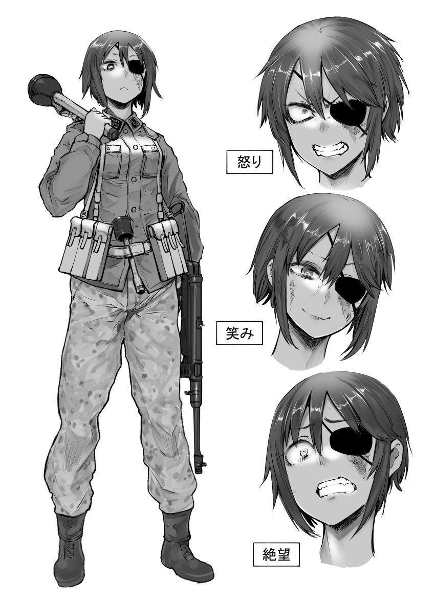 1girl absurdres ammunition_pouch army belt boots clenched_teeth explosive expressions eyepatch grenade gun highres holding holding_gun holding_weapon holster military military_uniform monochrome mp40 original panzerfaust pouch scar short_hair sigama simple_background soldier solo submachine_gun teeth translation_request uniform war weapon white_background