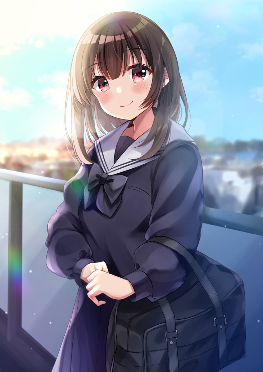 1girl bag bangs black_bow blue_shirt blue_skirt blue_sky blush bow brown_hair closed_mouth clouds commentary_request day eyebrows_visible_through_hair hair_between_eyes head_tilt highres long_hair long_sleeves minami_saki original outdoors own_hands_together pleated_skirt puffy_long_sleeves puffy_sleeves red_eyes sailor_collar school_bag school_uniform serafuku shirt skirt sky smile solo standing white_sailor_collar