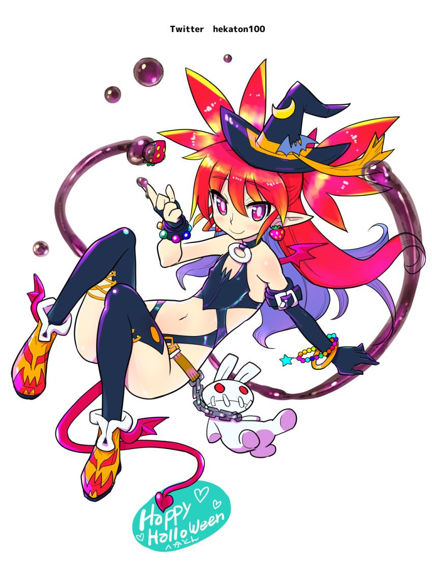 alternate_costume alternate_hairstyle asymmetrical_gloves bracelet chains demon_girl demon_tail demon_wings disgaea earrings etna flat_chest gloves halloween hat hekaton highres jewelry long_hair moon_(ornament) pointy_ears red_eyes redhead smile stuffed_toy tail thigh-highs wings witch_hat