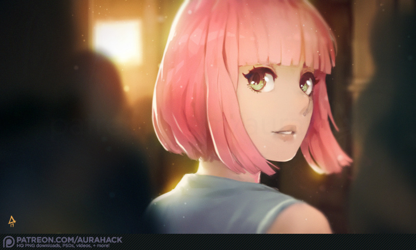 1girl bangs blurry catherine_(game) depth_of_field erica_june_lahaie from_behind green_eyes light looking_back parted_lips patreon_logo pink_hair rin_(catherine) signature solo watermark web_address