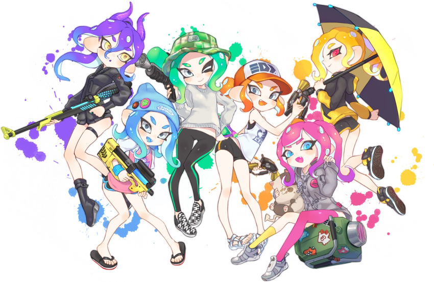 6+girls ass ass_visible_through_thighs asymmetrical_hair beanie bike_shorts blonde_hair blue_eyes blue_hair blush boots eyes_visible_through_hair fake_horns fangs green_hair hat hero_charger_(splatoon) hero_shot_(splatoon) highres holding holding_weapon hood hoodie horns jacket jtveemo long_hair looking_at_viewer medium_hair multiple_girls octoling one_eye_closed open_mouth orange_hair pants pink_hair purple_hair red_eyes sandals shoes short_shorts shorts simple_background sitting slosher_(splatoon) smile sneakers splat_brella_(splatoon) splat_dualies_(splatoon) splatoon splatoon_(series) splatoon_2 splattershot_(splatoon) suction_cups sweater tank_top thigh_gap tight tight_pants umbrella undershirt weapon white_background yellow_eyes