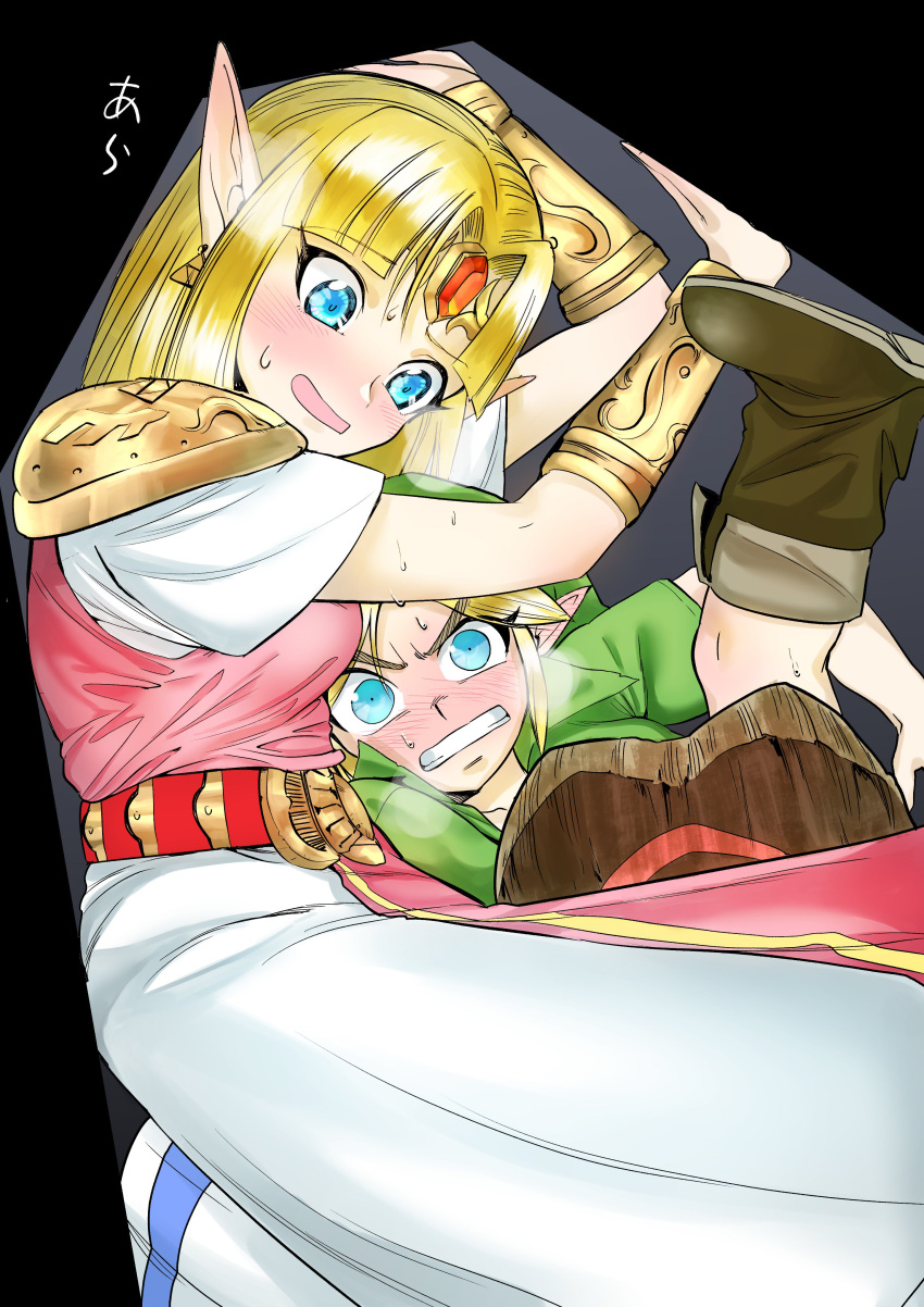 1boy 1girl absurdres blonde_hair blue_eyes blush dress gown highres left-handed link nintendo pointy_ears princess_zelda rx_hts shield super_smash_bros. super_smash_bros._ultimate sweat the_legend_of_zelda the_legend_of_zelda:_ocarina_of_time trapped triforce tunic