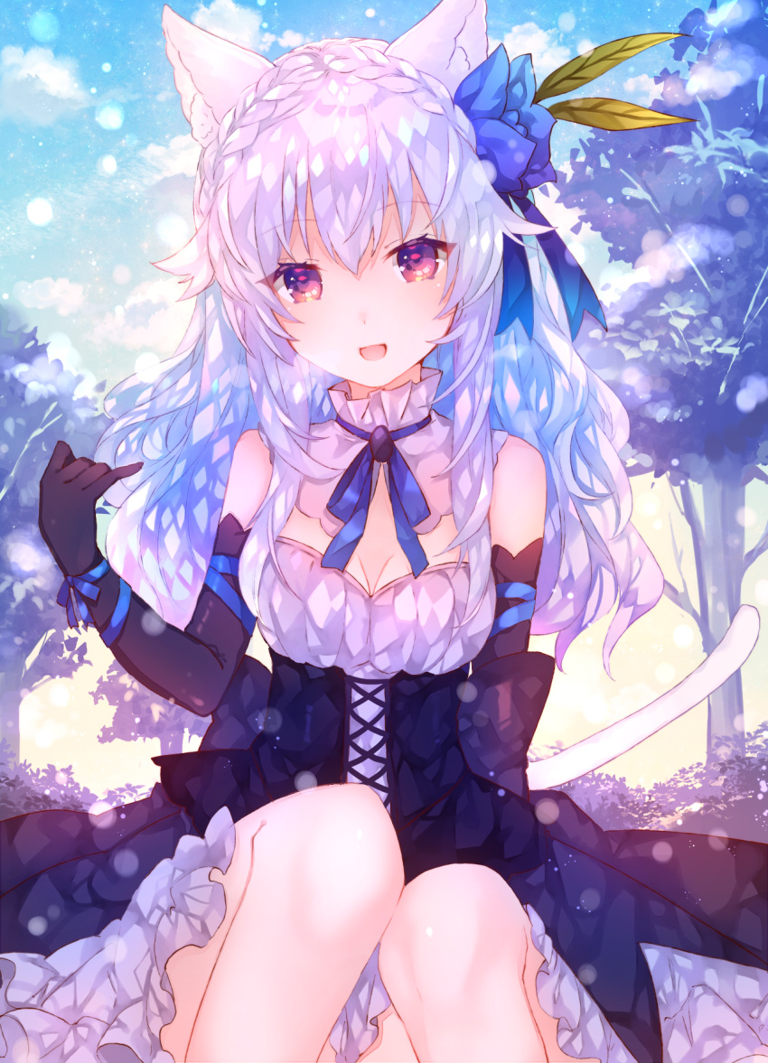 1girl :d animal_ears bangs bare_legs bare_shoulders black_gloves black_skirt blue_flower blue_neckwear blue_ribbon blue_sky braid breasts cat_ears cat_girl cat_tail cleavage clouds commentary_request day detached_collar elbow_gloves eyebrows_visible_through_hair feet_out_of_frame flower frilled_skirt frills gloves hair_flower hair_ornament hand_up head_tilt highres lavender_hair leaf light_particles long_hair miniskirt neck_ribbon open_mouth original outdoors red_eyes ribbon shirt sidelocks sitting skirt sky small_breasts smile solo sweetroad tail tree underbust white_shirt