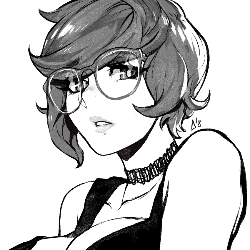 1girl absurdres breasts choker erica_june_lahaie glasses greyscale highres large_breasts makeup mascara monochrome parted_lips real_life self-portrait short_hair signature solo tank_top upper_body