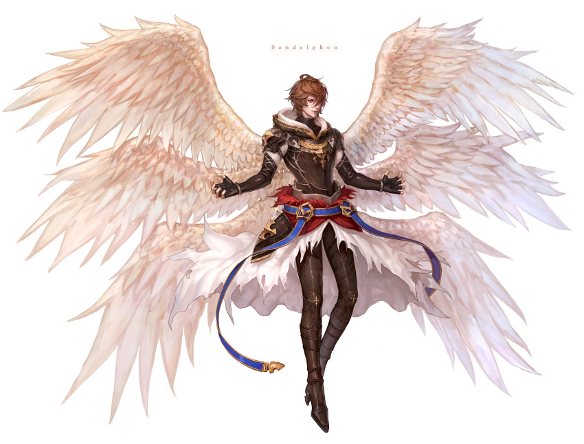 1boy absurdres armor brown_hair cjy4547 fingerless_gloves gloves granblue_fantasy highres hood hood_down male_focus multiple_wings outstretched_arms red_eyes sandalphon_(granblue_fantasy) seraph short_hair smile solo spread_arms wings