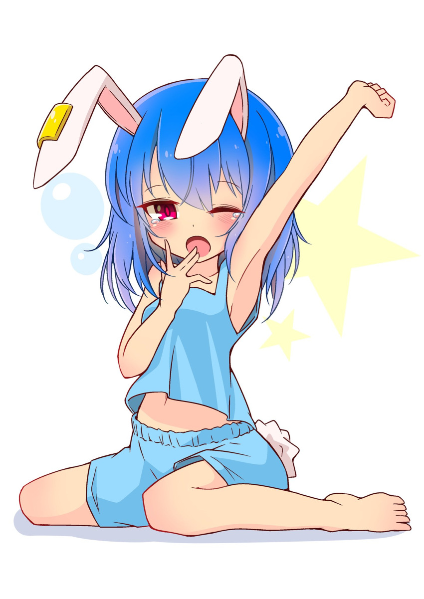 1girl animal_ears armpits arms_up barefoot blue_camisole blue_hair blue_shorts bunny_tail camisole clenched_hand commentary_request hand_to_own_mouth highres inon long_hair midriff navel one_eye_closed open_mouth rabbit_ears red_eyes seiran_(touhou) shorts sleepy solo stretch tail tears toes touhou yawning