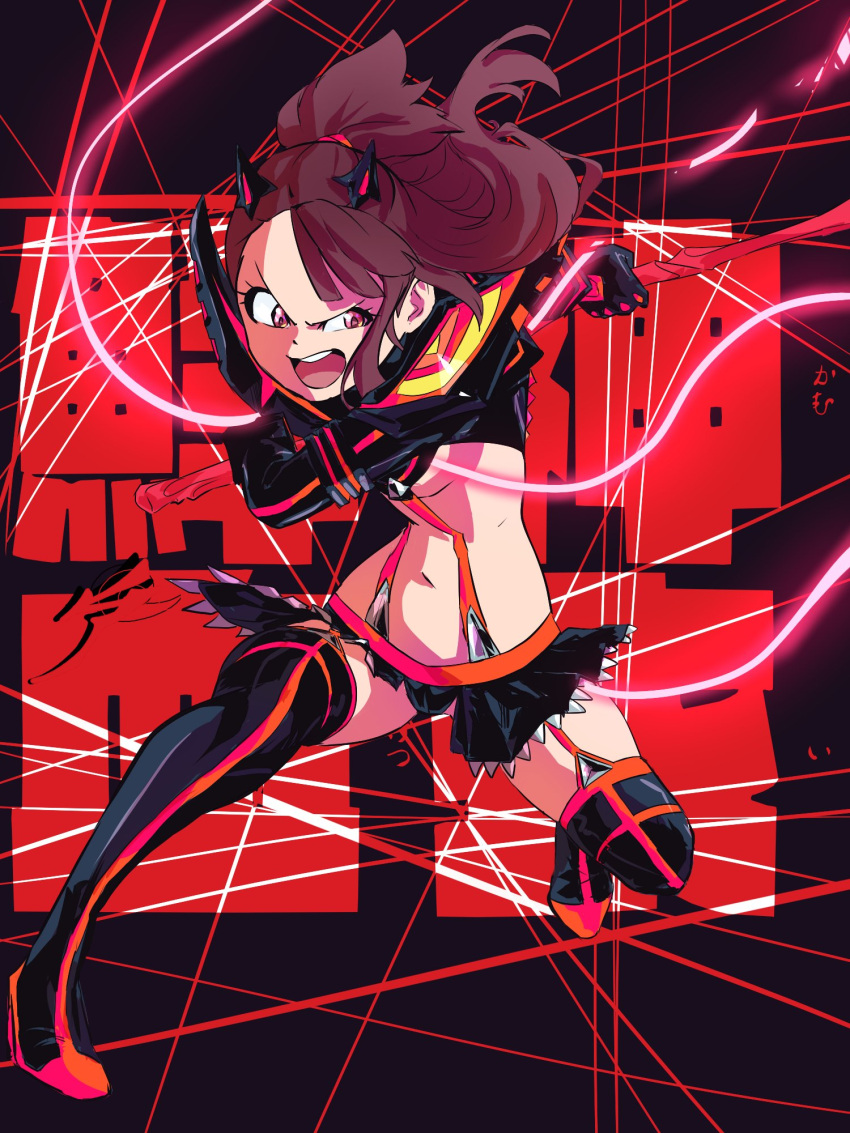 1girl aetherion black_footwear boots breasts brown_hair commentary cosplay dual_wielding english_commentary fighting_stance full_body garter_straps hairpods highres holding incoming_attack kagari_atsuko kill_la_kill life_fiber little_witch_academia matoi_ryuuko matoi_ryuuko_(cosplay) microskirt midriff navel open_mouth pointy_shoes red_eyes revealing_clothes scissor_blade senketsu serious shoes skirt small_breasts solo suspenders thigh-highs thigh_boots under_boob