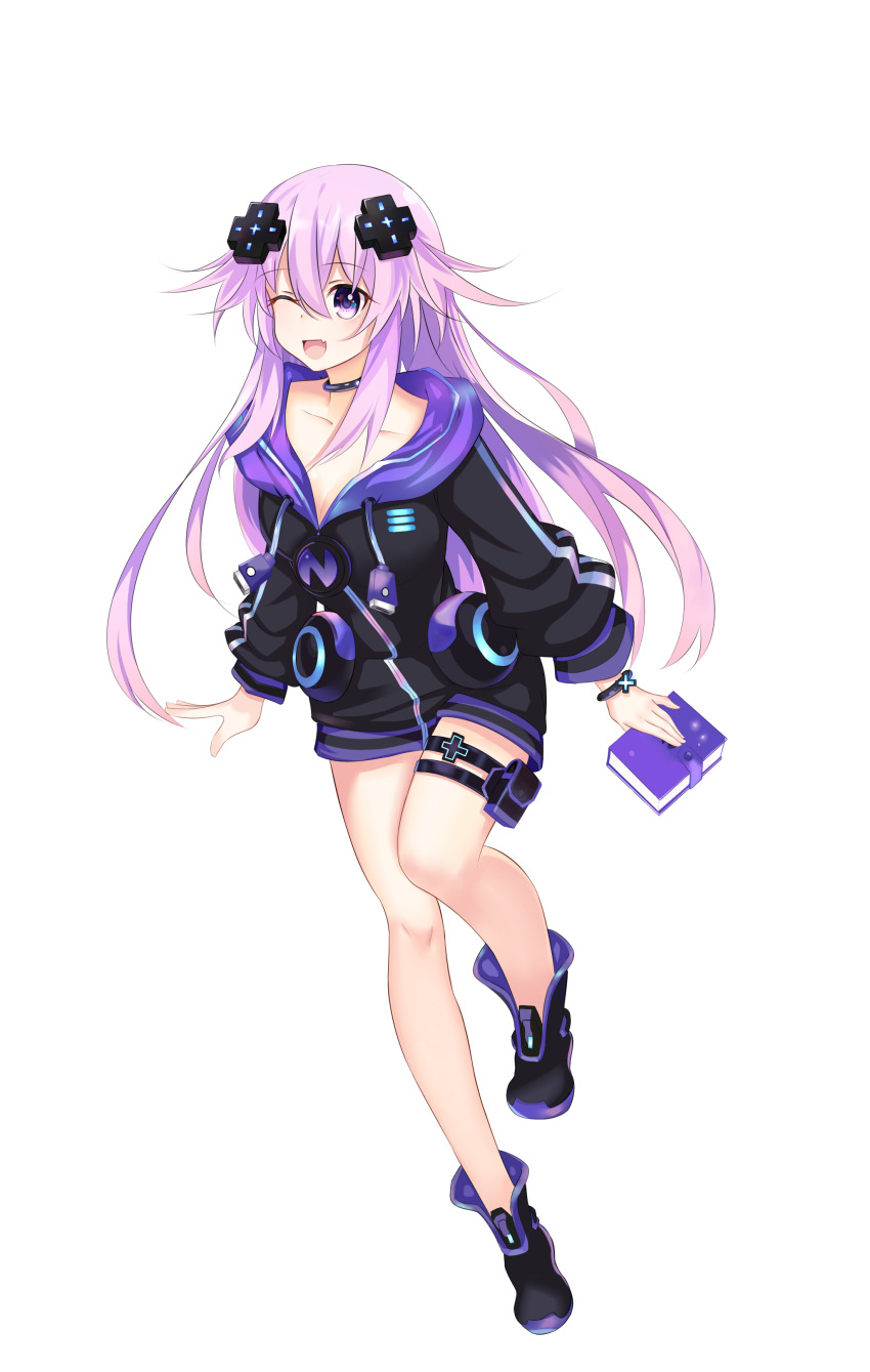 1girl ;d absurdres adult_neptune bare_legs black_choker book boots breasts choker cleavage collarbone d-pad d-pad_hair_ornament fang hair_between_eyes hair_ornament highres holding holding_book holster hood hooded_jacket jacket leg_up legs long_hair looking_at_viewer medium_breasts neptune_(series) one_eye_closed open_mouth purple_hair shin_jigen_game_neptune_vii simple_background smile solo thigh_strap usb very_long_hair violet_eyes white_background xiaoyu_chiaki