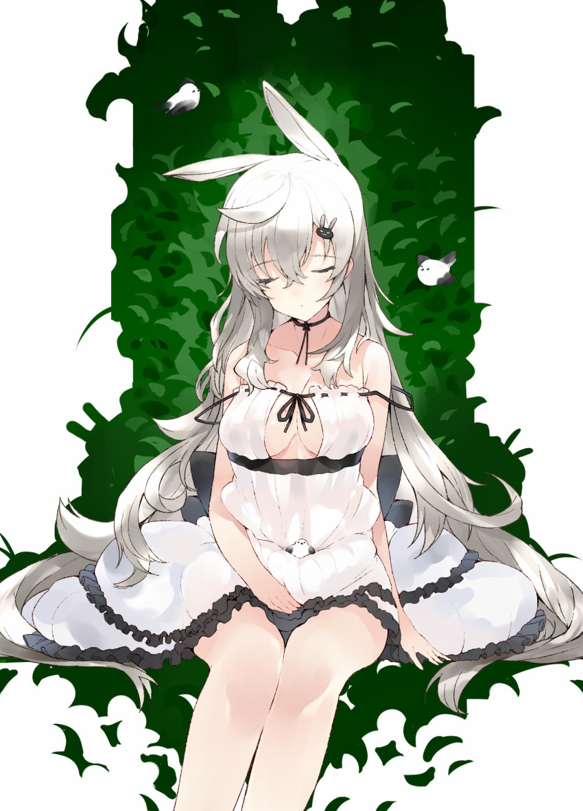 1girl ahoge animal_ears bare_arms bare_shoulders bird black_choker breasts bunny_hair_ornament chick choker closed_eyes closed_mouth commentary dress ear_down eyebrows_visible_through_hair green_background hair_between_eyes hair_ornament hairclip highres kou_mashiro legs_together long_hair medium_breasts original rabbit_ears silver_hair sitting sleeping sleeveless sleeveless_dress solo strap_slip symbol_commentary very_long_hair white_dress