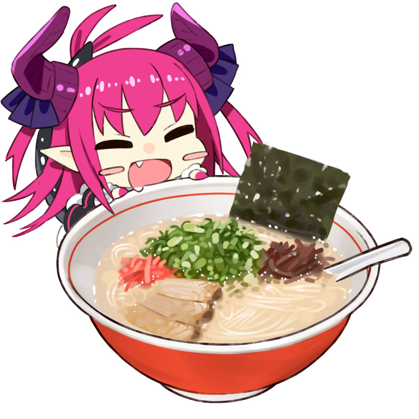 1girl :d =_= absurdres black_skirt blush_stickers bowl chibi closed_eyes drooling elizabeth_bathory_(fate) elizabeth_bathory_(fate)_(all) eyebrows_visible_through_hair fang fate/extra fate/extra_ccc fate_(series) food food_request highres horn_ornament horns kou_mashiro open_mouth pink_hair simple_background skirt smile solo spoon tail white_background