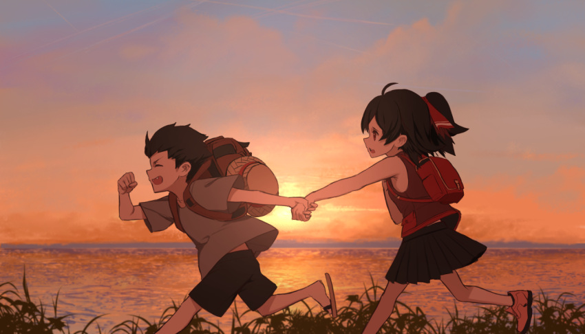 1boy 1girl ahoge backpack bag black_hair brother_and_sister closed_eyes dishwasher1910 fang_out grass hair_ribbon hand_holding hat lake qrow_branwen raven_branwen red_eyes ribbon running rwby shirt shoes shorts siblings skirt slippers straw_hat younger