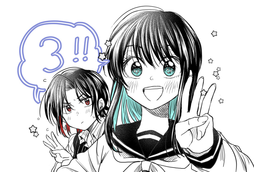 2girls absurdres announcement_celebration bangs blue_eyes commentary hg_ni_koisuru_futari highres kanzaki_sayaka_(hg_ni_koisuru_futari) kudou_makoto medium_hair multiple_girls official_art open_mouth red_eyes school_uniform serafuku short_hair spot_color takamiya_sora v-shaped_eyebrows