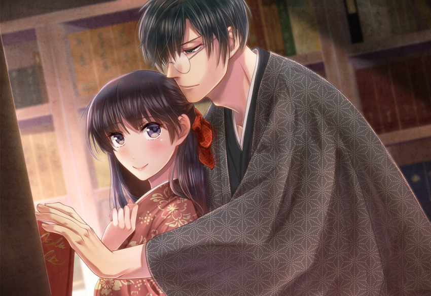 1girl adam's_apple black_hair blush book bookshelf bow brown_eyes glasses hair_bow hand_up indoors izumi_(stardustalone) japanese_clothes kimono leaning_forward long_hair original red_kimono renri_no_chigiri_wo_kimi_to_shiru smile upper_body