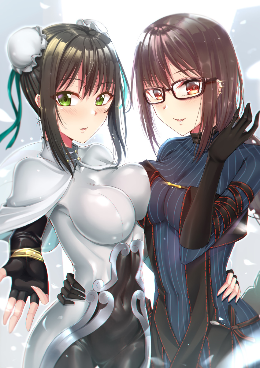 2girls absurdres akuta_hinako bangs black_dress black_gloves black_hair blue_shirt blush bodysuit breast_press breasts brown_hair bun_cover cape chinese_clothes consort_yu_(fate) double_bun dress ear_piercing elbow_gloves eyebrows_behind_hair fate/grand_order fate_(series) glasses gloves green_eyes green_ribbon gu_li hair_between_eyes hand_on_another's_hip highres jewelry large_breasts long_hair looking_at_viewer multiple_girls navel_cutout open_mouth outstretched_hand piercing qin_liangyu_(fate) red_eyes ribbon shirt short_hair smile strapless white_bodysuit white_cape