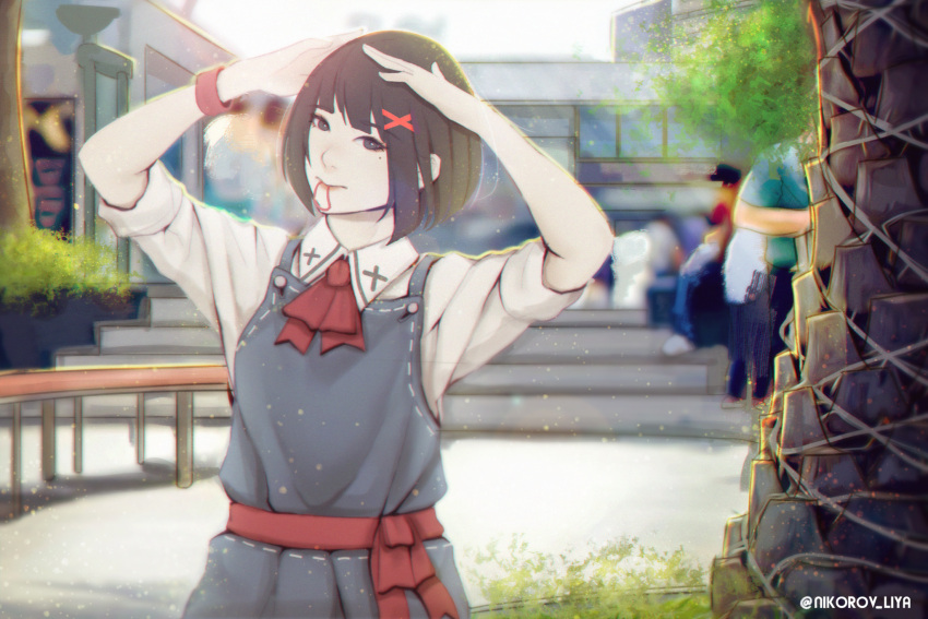 1girl adjusting_hair bangs black_eyes black_hair hair_ornament hair_tie highres liya_nikorov looking_at_viewer mole mole_under_eye mouth_hold original palm_tree school_uniform short_hair solo solo_focus tree twitter_username wristband x_hair_ornament