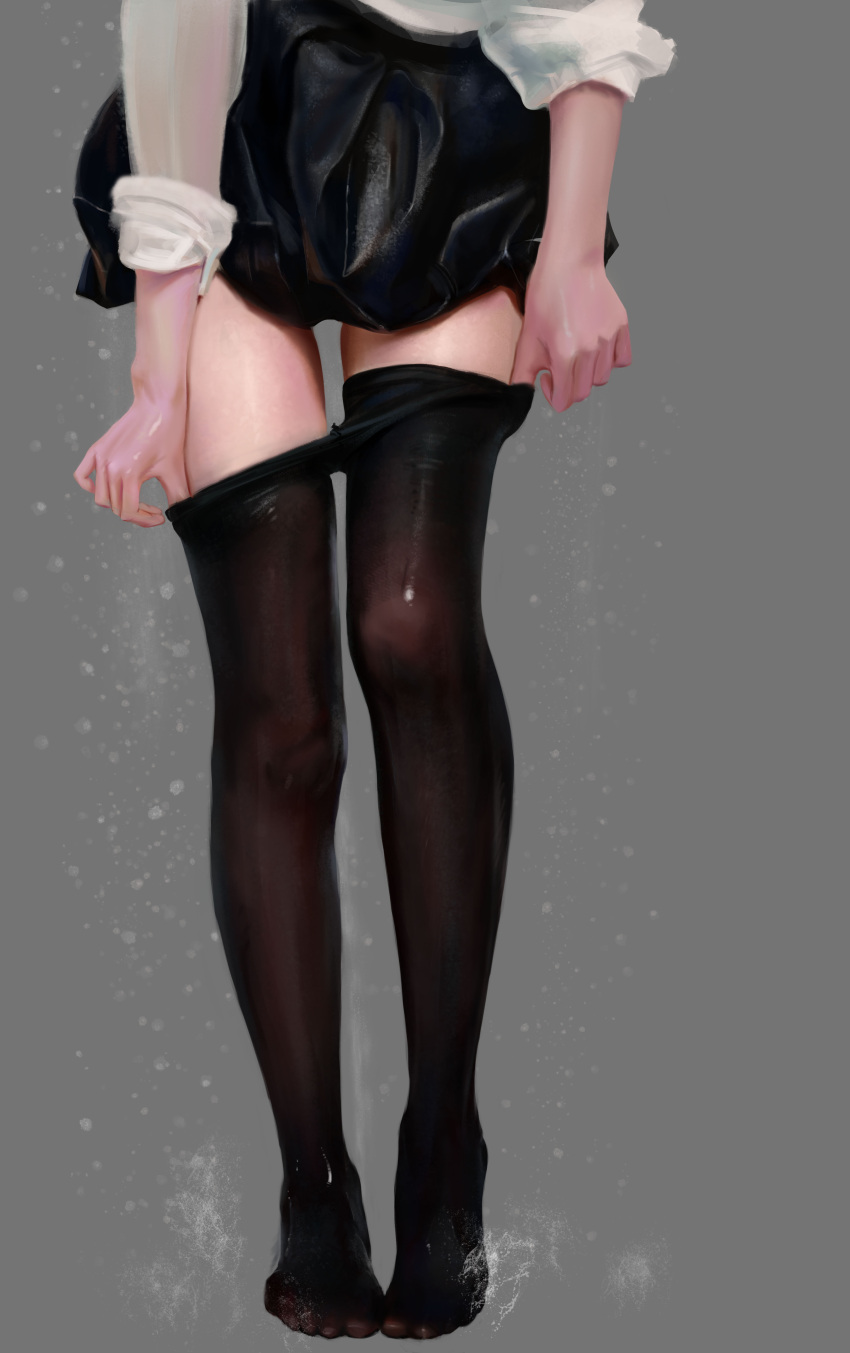 1girl absurdres barefoot black_legwear black_skirt chinese_commentary commentary_request grey_background highres legs lower_body original pantyhose pantyhose_pull qizhu simple_background skirt sleeves_folded_up solo standing wet wet_clothes