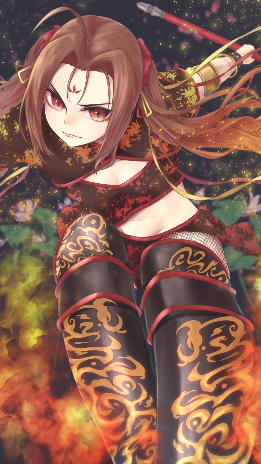 1girl ahoge breasts brown_eyes brown_hair china_dress chinese_clothes cleavage cleavage_cutout dress facial_mark fate_(series) fire forehead_mark hair_ornament highres jewelry long_hair nezha_(fate/grand_order) pixiv_fate/grand_order_contest_2 solo thigh-highs twintails weapon yuurei447