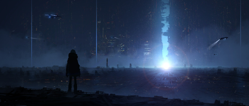 1girl absurdres asuteroid boots building city_lights cityscape from_behind highres iz_(asuteroid) night original outdoors scenery science_fiction solo standing