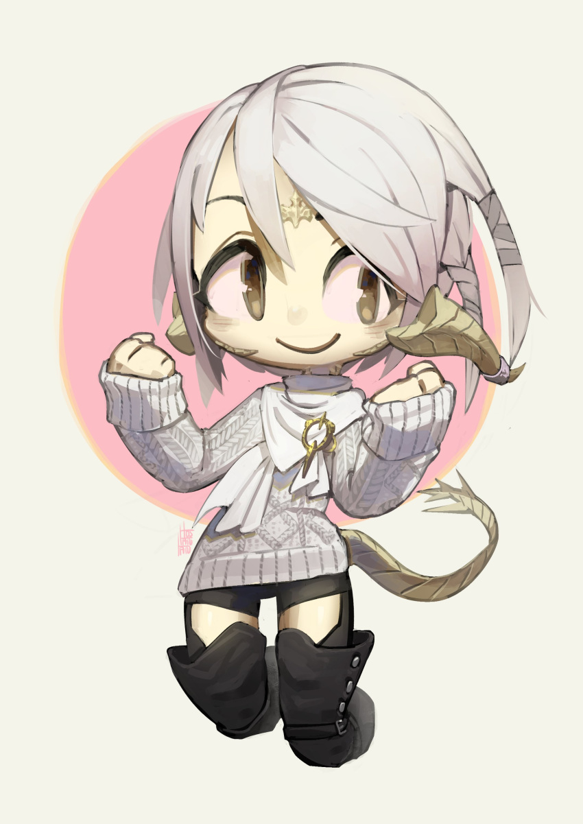 1girl absurdres au_ra bangs bike_shorts black_footwear boots chibi closed_mouth commentary english_commentary final_fantasy final_fantasy_xiv grey_sweater hands_up highres horn_ornament horns long_sleeves looking_at_viewer ribbed_sweater scales signature smile solo sweater tail thigh-highs thigh_boots tostantan yellow_eyes