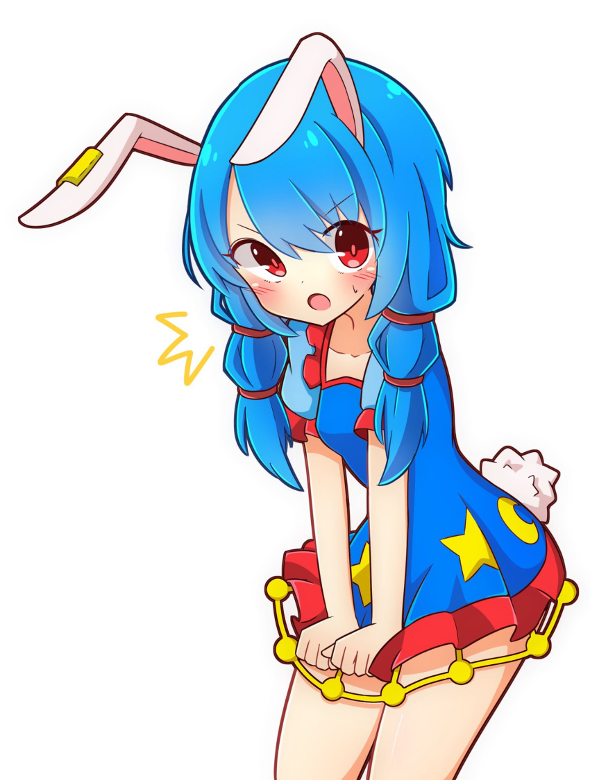 1girl animal_ears blue_dress blue_hair blush bunny_tail commentary_request dress dress_tug highres inon long_hair low_twintails open_mouth rabbit_ears red_eyes seiran_(touhou) short_dress simple_background solo tail touhou twintails white_background