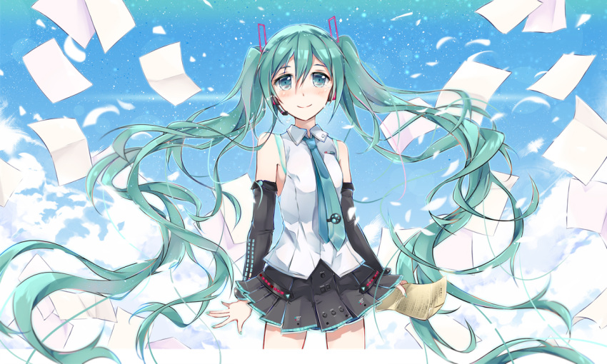 1girl absurdly_long_hair aqua_hair black_skirt black_sleeves blue_eyes blue_nails blue_neckwear cowboy_shot cropped_legs detached_sleeves floating_hair hair_ornament hatsune_miku headphones headset holding lens_flare long_hair long_sleeves microphone miniskirt nail_polish necktie pleated_skirt sevens_(treefeather) shirt skirt sleeveless sleeveless_shirt smile solo standing twintails very_long_hair vocaloid white_shirt