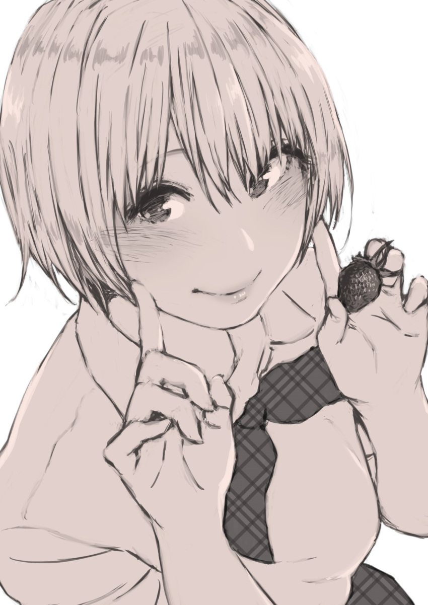 1girl ayumu-k blush commentary_request food fruit hands_up highres holding holding_food holding_fruit ichigo_100_percent index_finger_raised looking_at_viewer monochrome neckerchief nishino_tsukasa plaid_neckwear school_uniform shirt short_hair smile solo strawberry upper_body