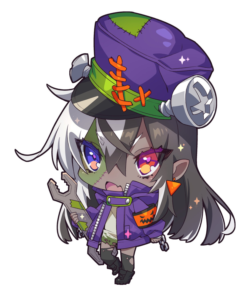 1girl :d armband bangs black_footwear black_hair black_legwear boots chibi crossed_bangs dark_skin eyebrows_visible_through_hair fang full_body hair_between_eyes hat heterochromia highres holding jacket long_sleeves looking_at_viewer multicolored_hair nail open_mouth original pointy_ears purple_hat purple_jacket red_eyes simple_background smile solo standing standing_on_one_leg stitches thigh-highs torn_clothes torn_legwear two-tone_hair violet_eyes westxost_(68monkey) white_background white_hair wrench