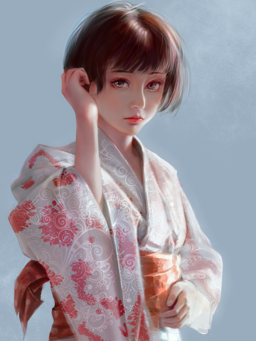 1girl blue_background brown_eyes brown_hair hair_tucking highres japanese_clothes kimono lips looking_at_viewer nose obi original qizhu sash short_hair simple_background solo upper_body white_kimono