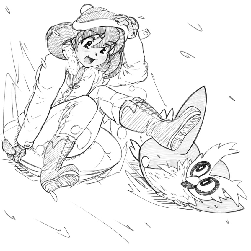 :d blush boots coat creatures_(company) delibird drawfag game_freak gen_2_pokemon greyscale hand_on_headwear highres medium_hair monochrome nintendo open_mouth outdoors pokemon pokemon_(creature) sina_(pokemon) sketch sledding smile white_background