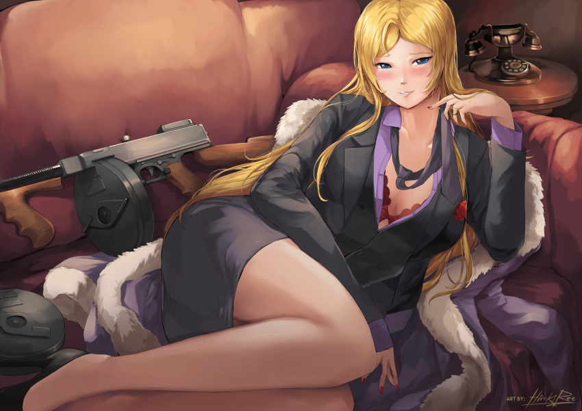 1girl ahoge alternate_costume artist_name black_footwear black_skirt black_suit black_vest blonde_hair blue_eyes blush bra bra_peek commentary english_commentary fur_coat gun hiroki_ree idolmaster idolmaster_million_live! long_hair long_sleeves looking_at_viewer lying nail_polish on_side phone purple_shirt red_bra red_nails rotary_phone shinomiya_karen shirt skirt smile submachine_gun thompson_submachine_gun underwear vest weapon