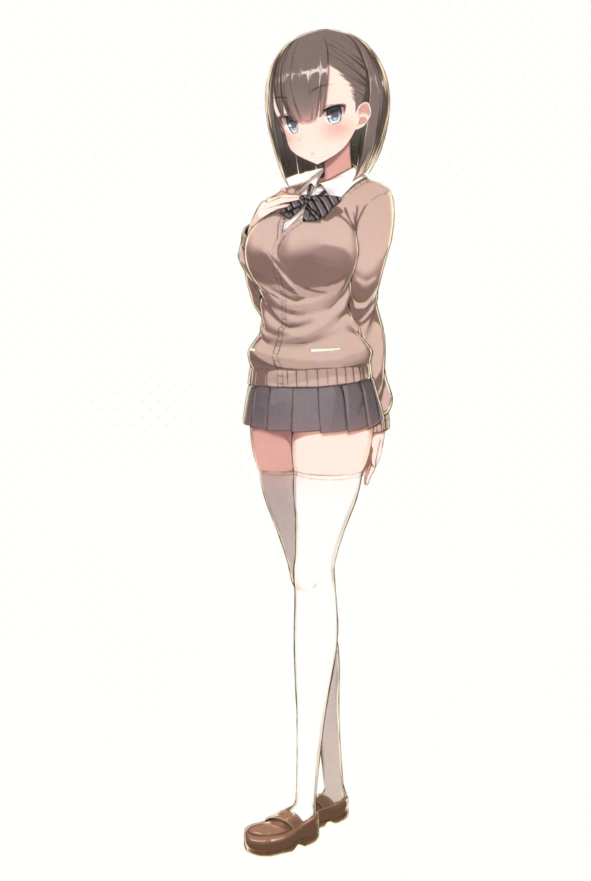 1girl absurdres bangs blush bow bowtie breasts brown_hair closed_mouth eyebrows_visible_through_hair full_body greatmosu grey_eyes hand_on_own_chest highres jacket large_breasts long_sleeves looking_at_viewer original pleated_skirt pocket scan school_uniform shiny shiny_hair shoes short_hair simple_background skirt solo standing thigh-highs white_background white_legwear zettai_ryouiki